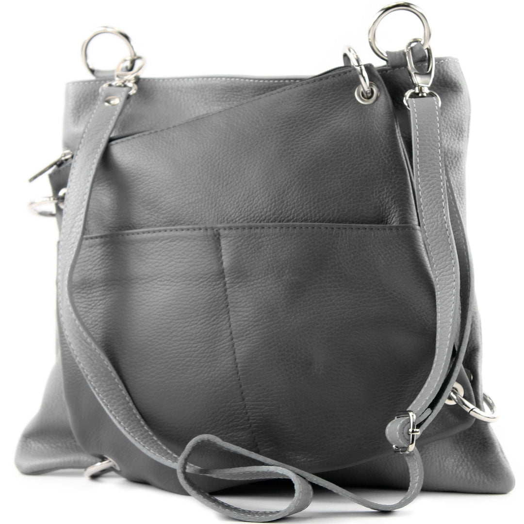 modamoda de - T140 - ital Messengertasche Umhängetasche 2in1 Leder Grau/Dunkelgrau, Grau/Dunkelgrau