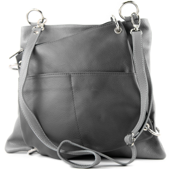 modamoda de - T140 - ital Messengertasche Umhängetasche 2in1 Leder Grau/Dunkelgrau, Grau/Dunkelgrau