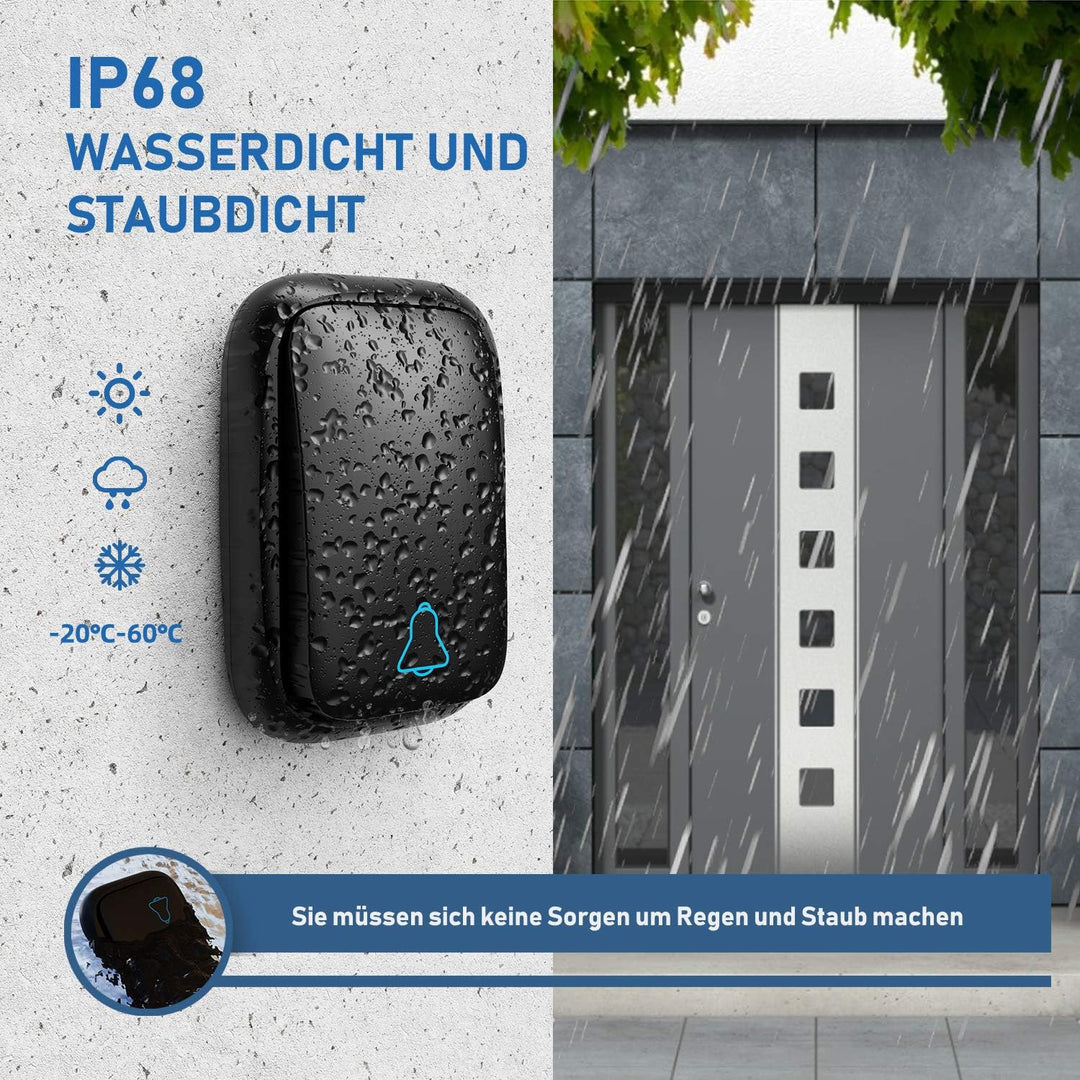 Batterielose Funkklingel Aussen Wasserdicht mit 2 Empfängern, IP68 Wasserdicht Türklingel Funk, 150m