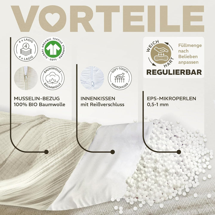 sei Design Stillkissen XXL Mikroperlen-Füllung mit Musselin-Bezug aus Baumwolle [100% Bio-Baumwolle