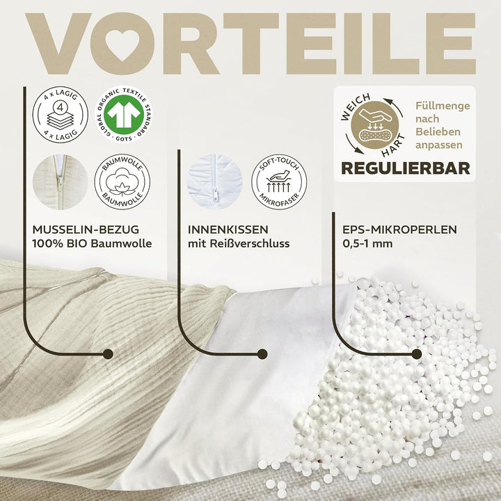 sei Design Stillkissen XXL Mikroperlen-Füllung mit Musselin-Bezug aus Baumwolle [100% Bio-Baumwolle