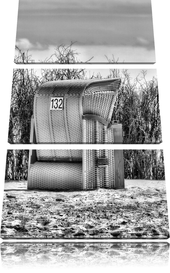 Pixxprint Monocrome, gelber Strandkorb 3-Teiler Leinwandbild 120x80 Bild auf Leinwand