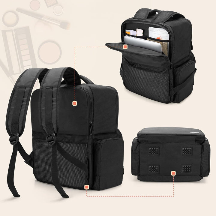 BAFASO Grosser Make-up-Rucksack, Kosmetiktasche mit Laptoptasche, Make-up-Tasche, Schwarz, Schwarz