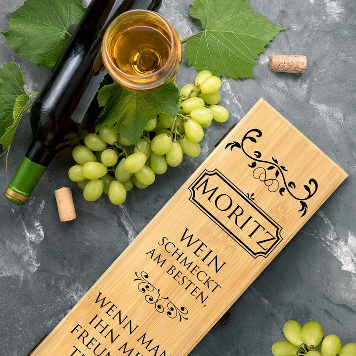 Maverton Wein Geschenkbox für 0,7L Weinflasche + Aufdruck + 4er Weinzubehör - Weinset aus Bambus - 3