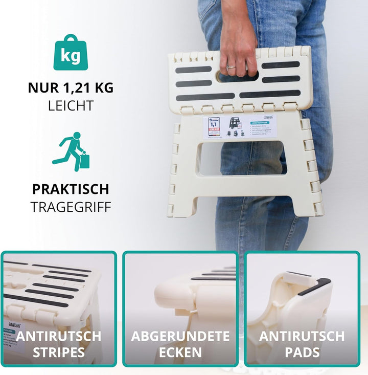 VERGLEICHSSIEGER - Alason Tritthocker Klappbar 22 cm, Belastbar bis 150 kg – Mit Aufhängehaken & Auf