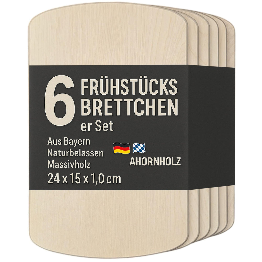 DEKOFANT Frühstücksbrettchen Holz 6er Set aus massivem Ahornholz - 24x15x1cm Holzbrettchen antibakte