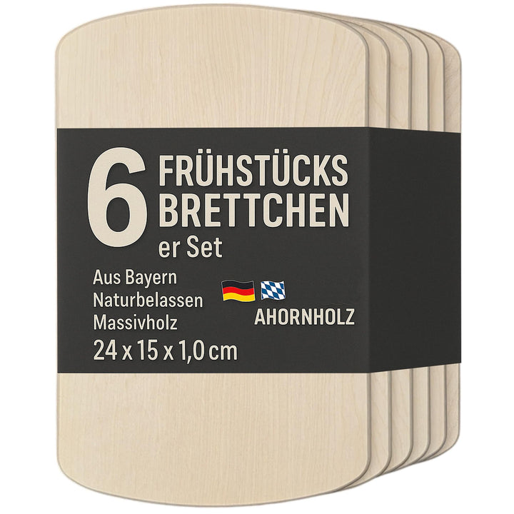 DEKOFANT Frühstücksbrettchen Holz 6er Set aus massivem Ahornholz - 24x15x1cm Holzbrettchen antibakte