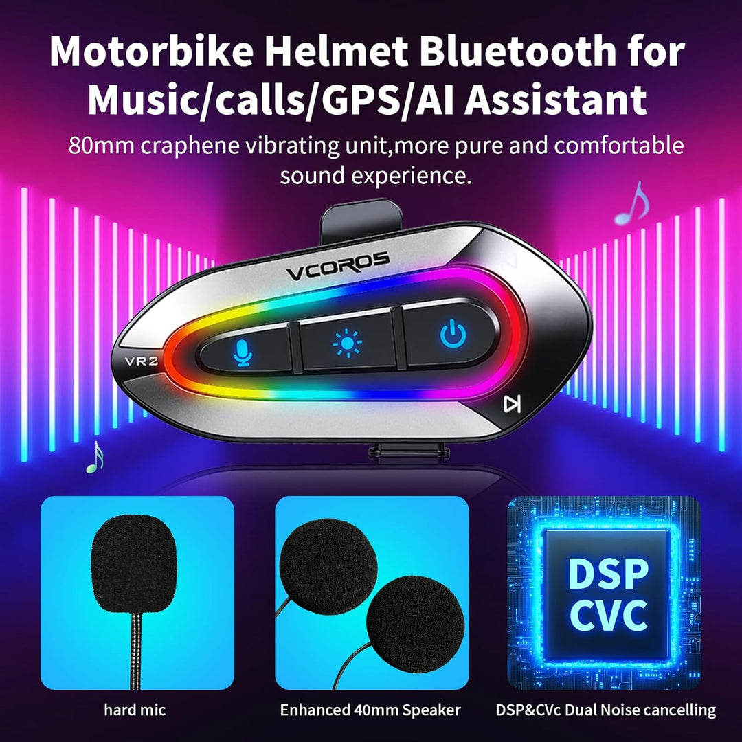 Motorrad Headset,VR2 Motorrad Bluetooth Headset,RGB Schillernde Lichter,DSP&CVC Doppelte Geräuschunt