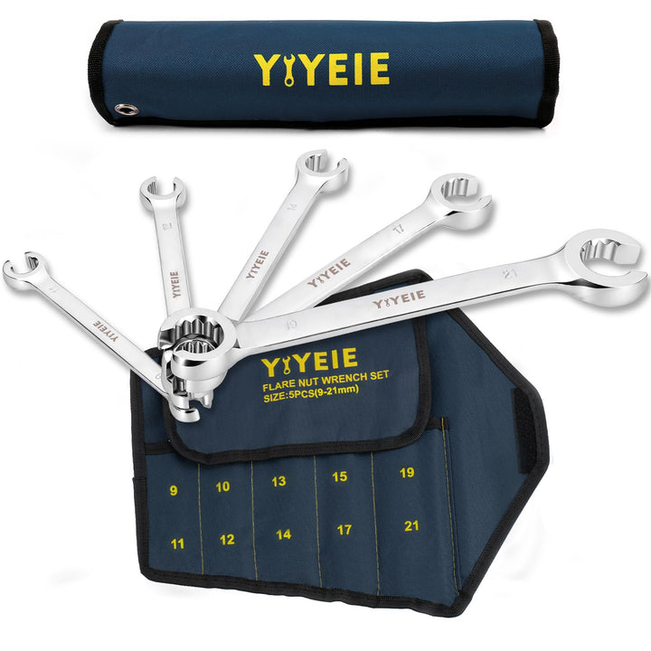 YIYEIE Bremsleitungsschlüssel Set 5-tlg I 9-21mm Offener Ringschlüsse I Chrom-Vanadium Stahl mit Las