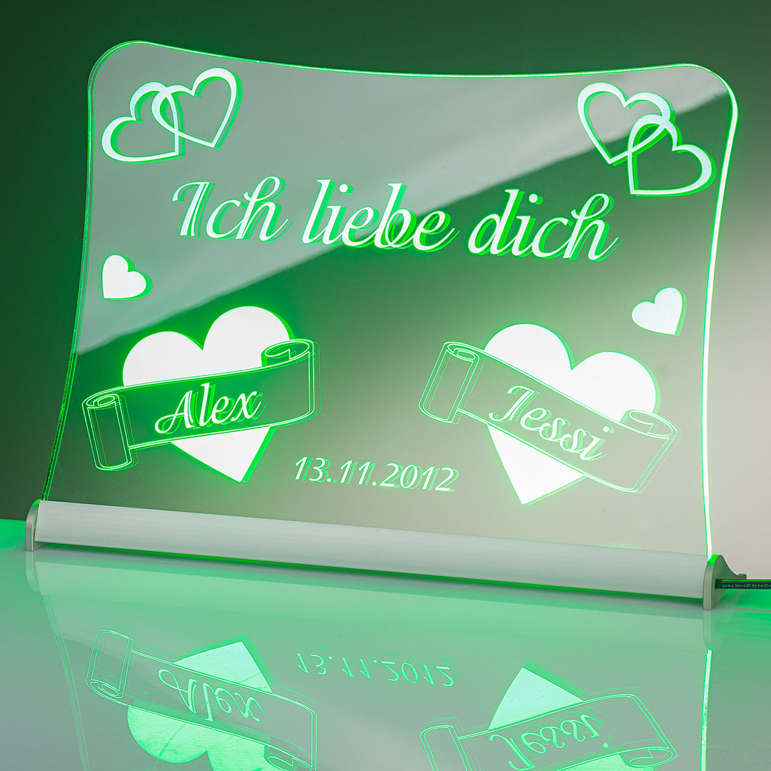 LED Acrylglas Schild "Ich liebe dich", 30x20 cm, mit persönlicher Laser Gravur (grün), grün