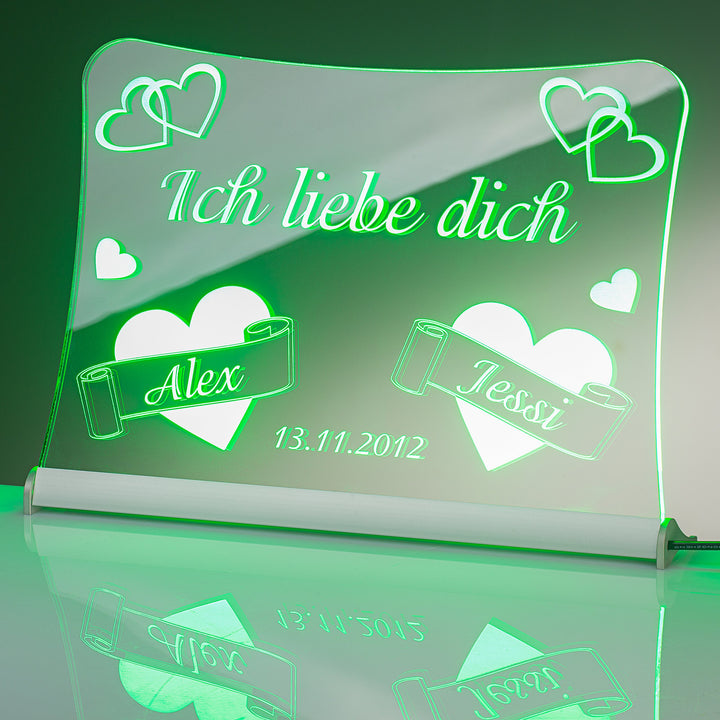 LED Acrylglas Schild "Ich liebe dich", 30x20 cm, mit persönlicher Laser Gravur (grün), grün
