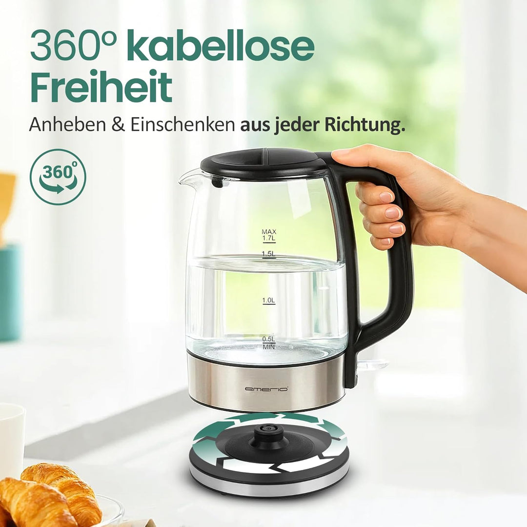 EMERIO Glas Wasserkocher mit 1.7 Liter Volumen | 2200 Watt | blaue LED Innenbeleuchtung | 360° Basis