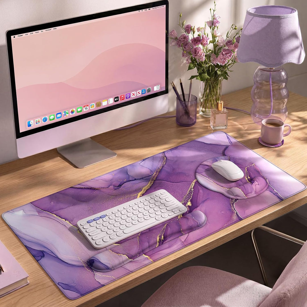 iCasso Schreibtischmatte, Gaming-Mauspad, Handgelenkstützen-Set, 4-in-1 XXL, Computer, lila Marmor 1