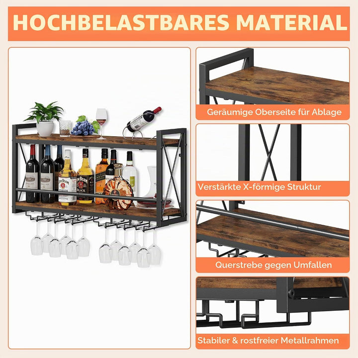 Homeiju Wandmontiertes Weinregal, Flaschen- und Glashalter, Holz, Metall, Retro, schwimmendes Weinre