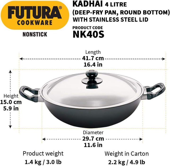 FUTURA Q 57 Bratpfanne (Kadhai), Antihaftbeschichtung, 4,0 l, mit Stahldeckel, 4 l, Grau 4 Liter, 4
