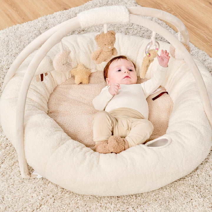 Nattou Runde Krabbeldecke mit Spielbogen, Ca. 90 cm, 100% Polyester, Teddy, Ecru