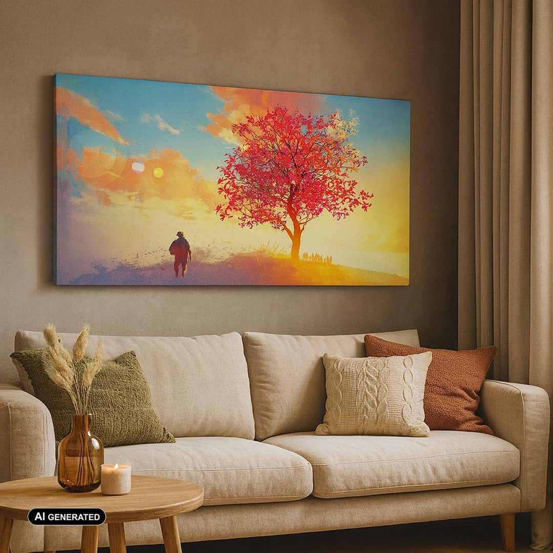 Panorama Bilder auf Leinwand 100x40cm Leinwandbild mit Rahmen Baum Wiese Feld Gross Wanddeko Bild Sc