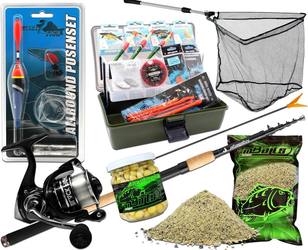 Riesiges Angelset Angelausrüstung Rute Gerätekoffer Kescher Angelkomplettset