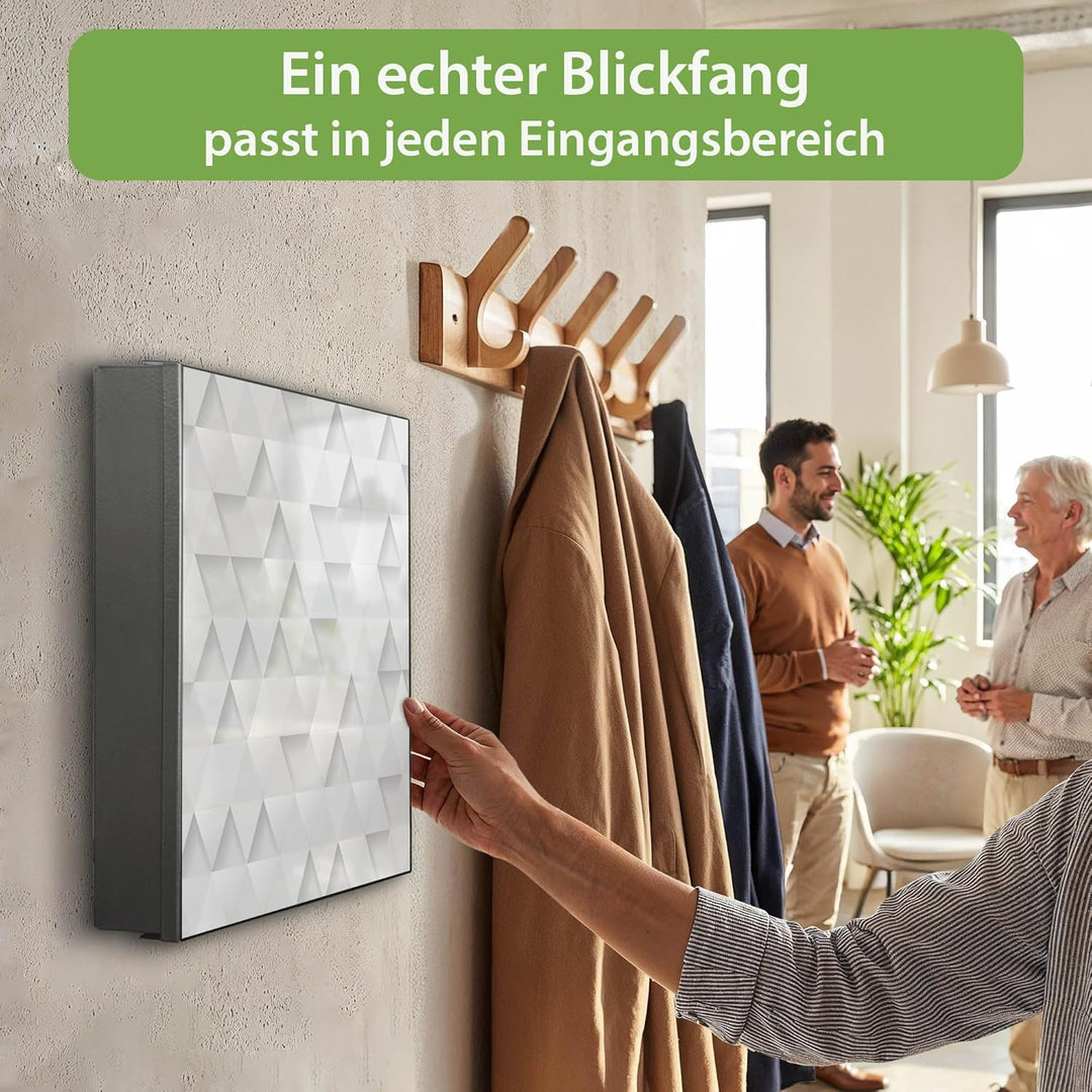 banjado® Grosser Schlüsselkasten Glas/Schlüsselbox 30cm x 30cm mit 50 Haken - Motiv Weisse Dreiecke/