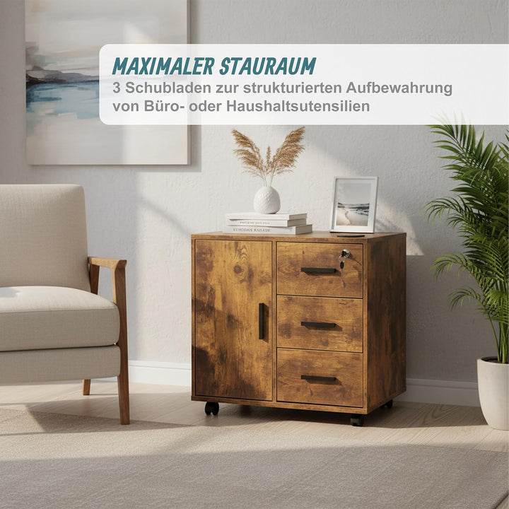 Relaxdays Rollcontainer, 3 Schubladen, 2 Türfächer, HxBxT: 57 x 60 x 40 cm, abschliessbar, Aktenroll