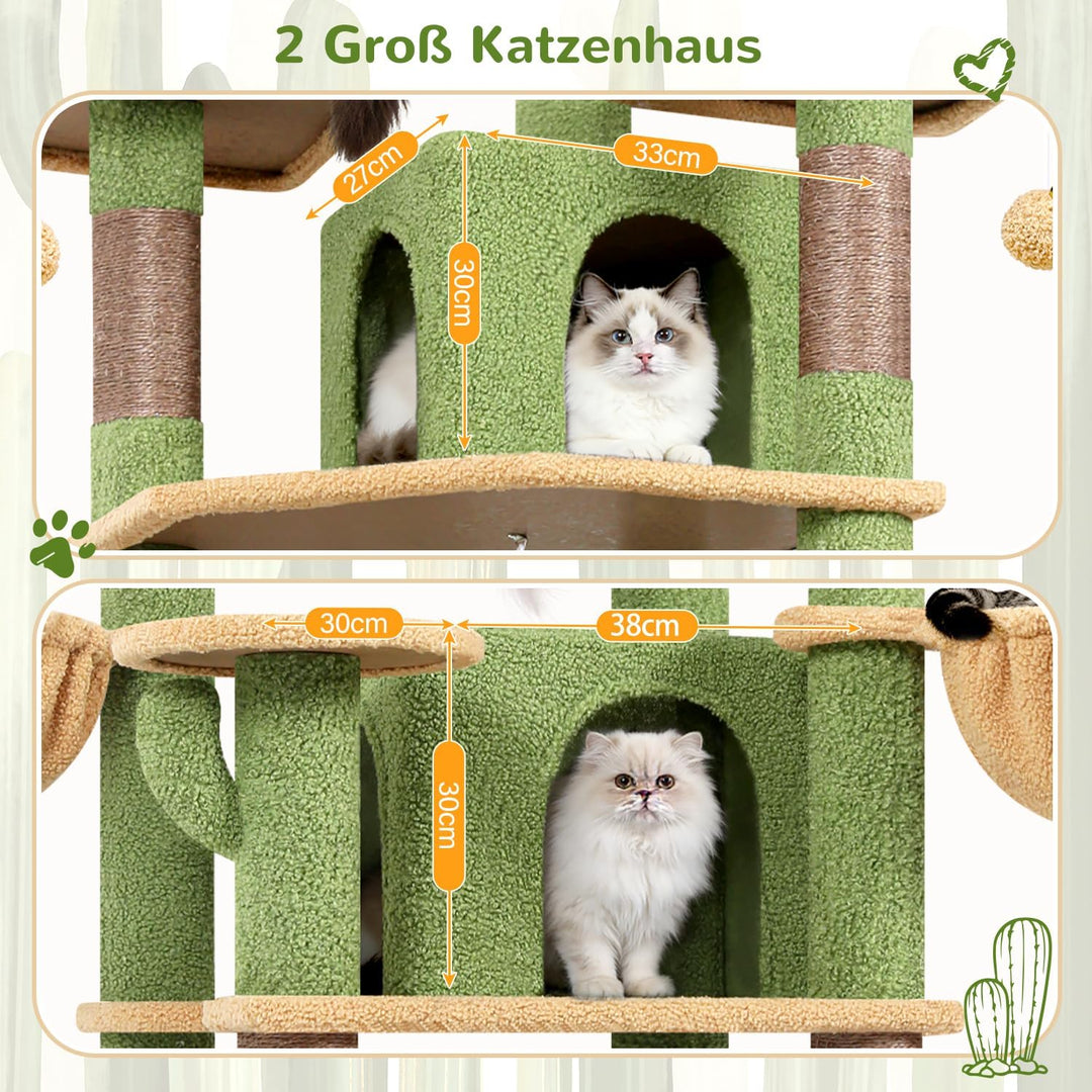 Globlazer Kratzbaum Grün Kaktus Stabil 174 cm mit 3 Gepolsterte Sitzstangen, 2 Katzenhaus, 2 Korb, A