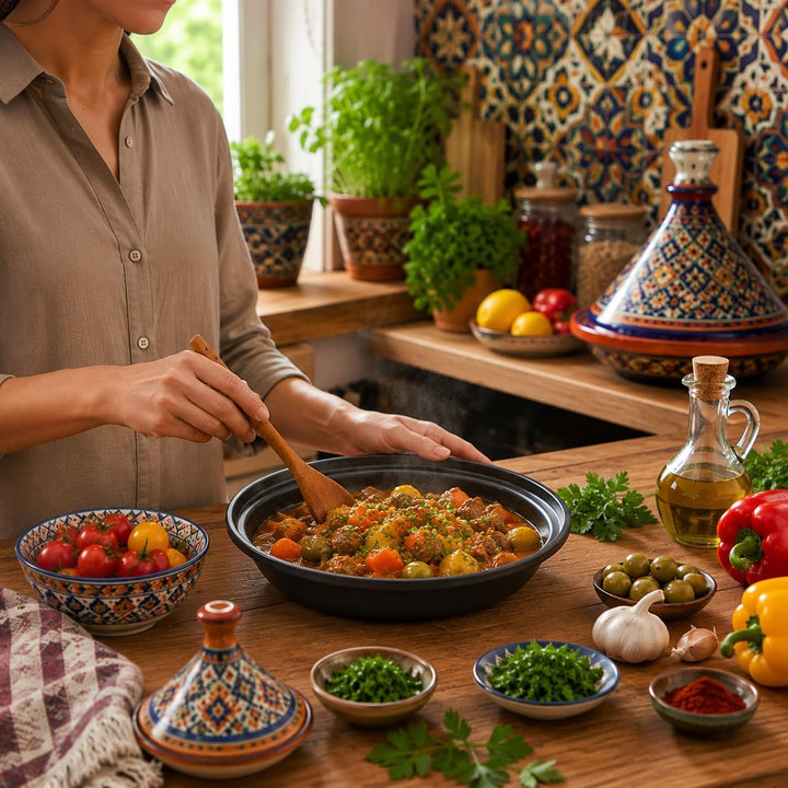 Swiss Line Tajine Topf 30 cm Gusseisen mit Keramikdeckel – Marokkanischer Schmortopf für 2–5 Persone