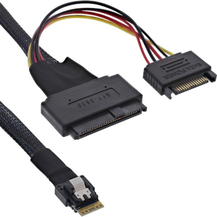 InLine Slim SAS Kabel intern SFF-8654 4i zu U.2 SFF-8639 mit SATA Strom, 24Gb/s, SAS 4.0 für Server/