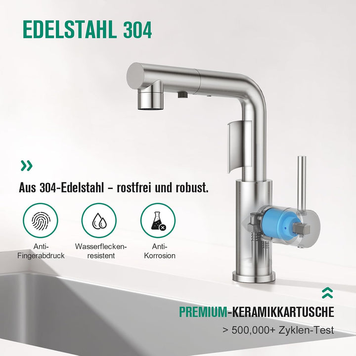 CREA Wasserhahn Küche mit 3 Funktionen Brause,360° Drehbar Hochdruck Einhebelmischer Mischbatterie S