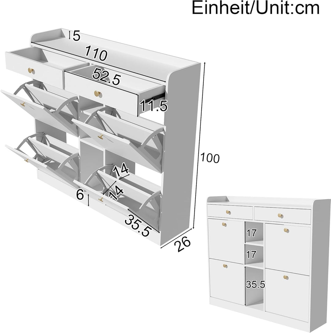 Merax Schuhschrank 110x26x100 cm, mit 4 Klapptüren 2 Schubladen 3 offenen Fächern, Platzsparender Sc