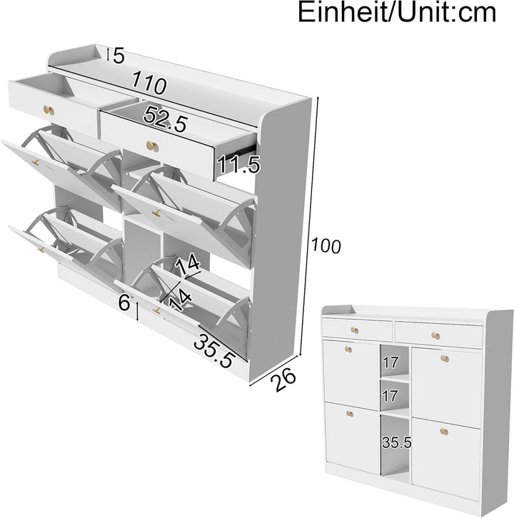 Merax Schuhschrank 110x26x100 cm, mit 4 Klapptüren 2 Schubladen 3 offenen Fächern, Platzsparender Sc