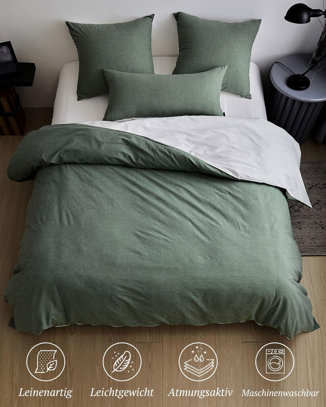 SOULFUL Bettwäsche 135x200 Baumwolle 4 Teilig, Bettwäsche-Sets Salbei Grün mit Reissverschluss, Ähnl