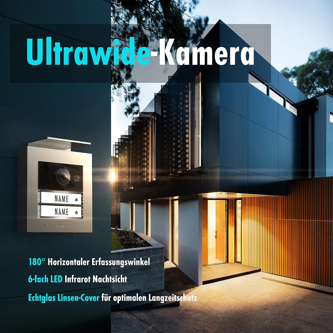 m-e Video-Türsprechanlage RFID silber/weiss | Aluminium Aussenstation für 2-Familienhaus | 7“ Design