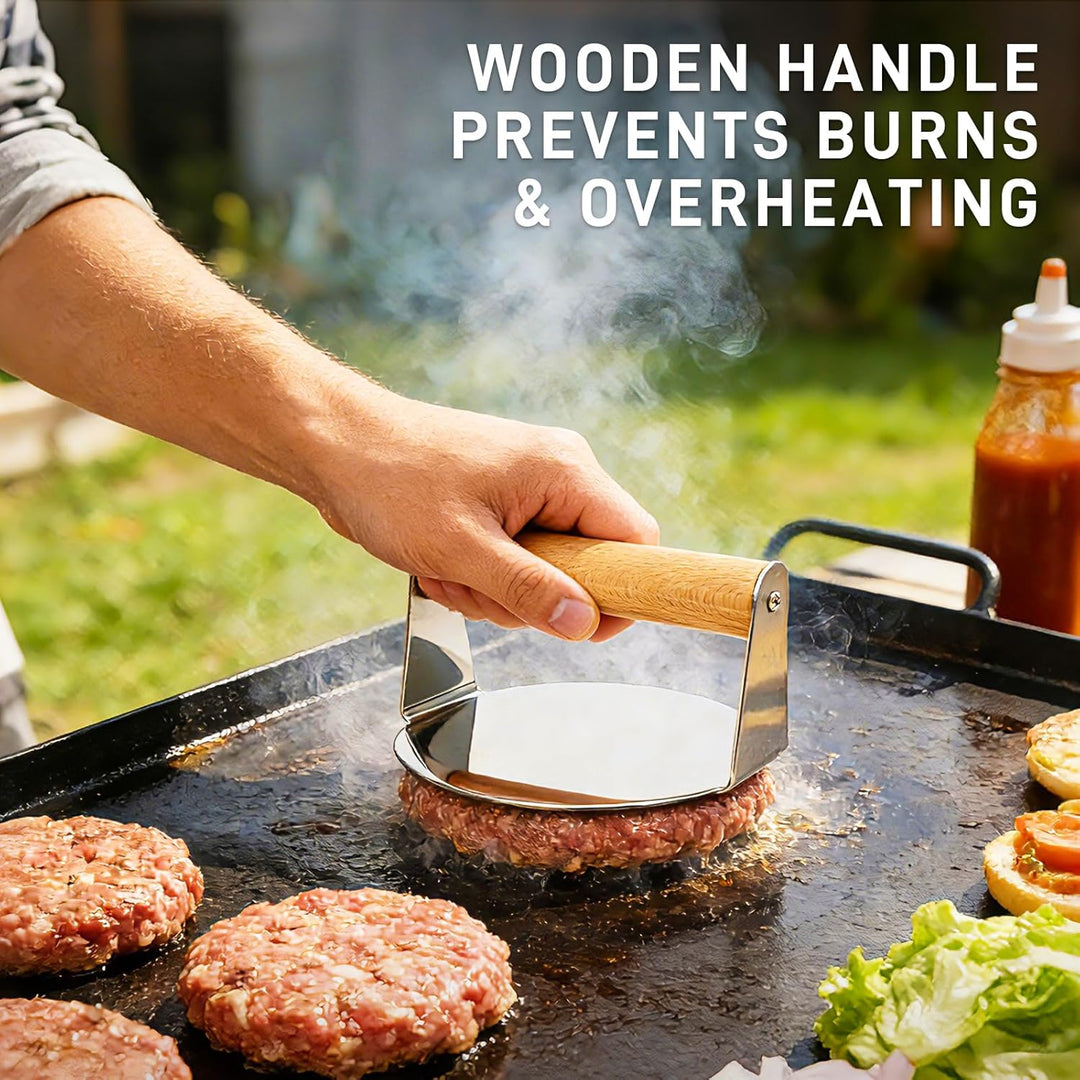 Burgerpresse Set 3-TLG, Edelstahl Burger Smasher, Schmelzkuppel, Grillspachtel, Professionelles Leck