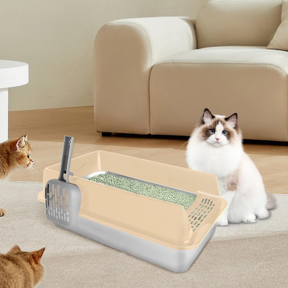 Katzentoilette aus Edelstahl mit hohen Seiten, Schaufel, einfache Reinigung, geruchsbeständig, geeig