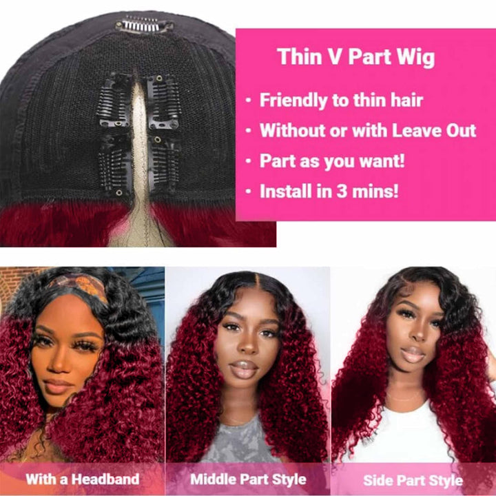 Water Wave V Part Wig Human Hair for Women Burgundy Perücke Echthaar 10A Upgraded U part Wigs Beginn
