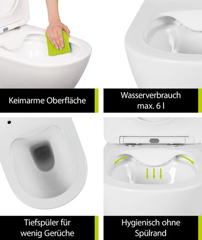 'aquaSu® Spülrandloses Wand-WC Set Levanto, Design Hänge-WC, Tiefspüler, Keramik, Abgang waagerecht,