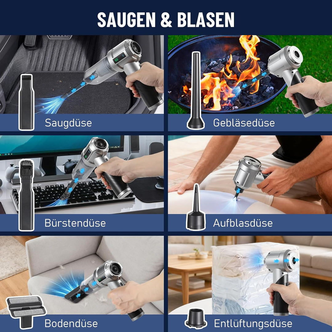 Kabelloser Handstaubsauger 16000Pa, 4-in-1 Akku Auto Staubsauger mit 6000mAh, Faltbarer Mini Staubsa
