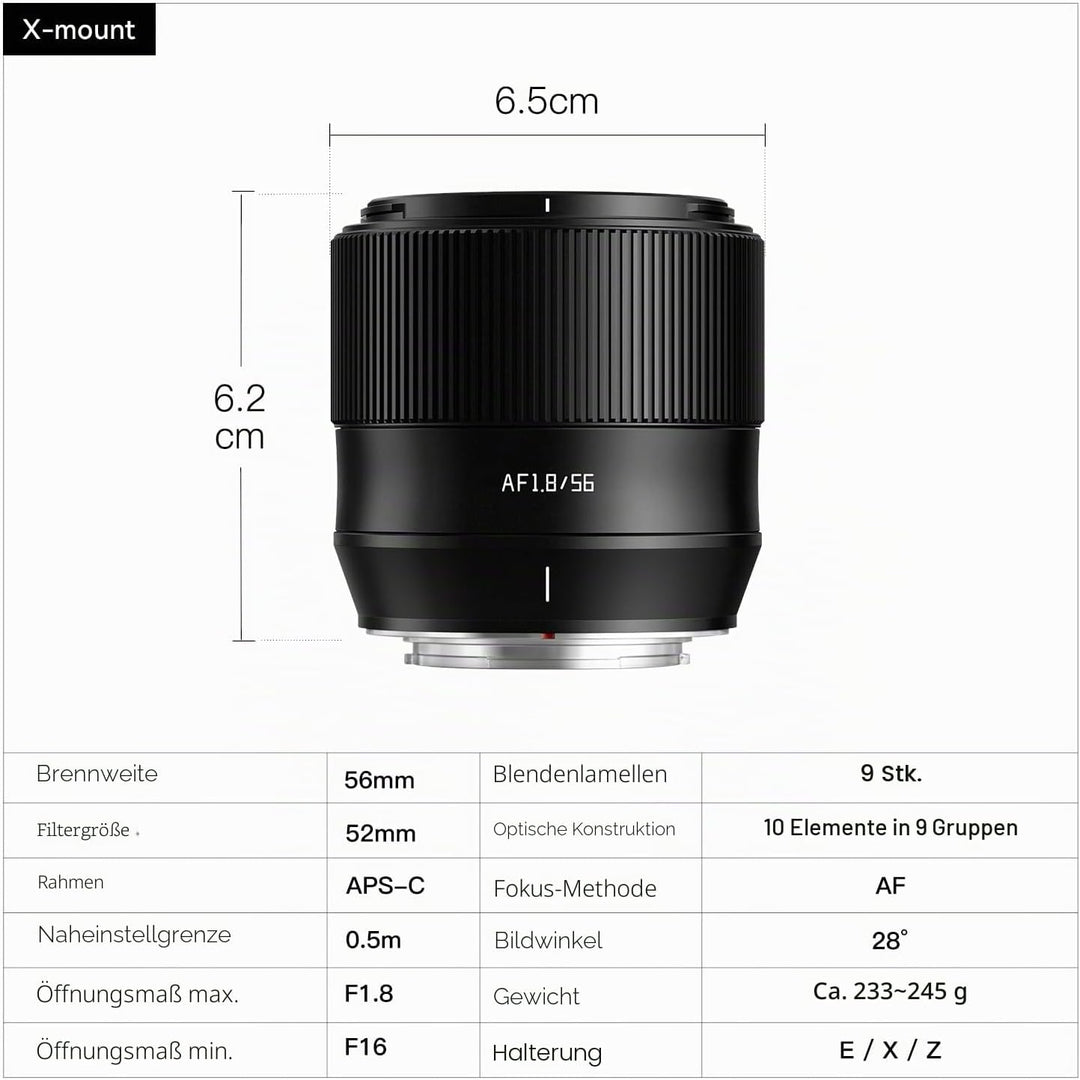 TTARTISAN AF 56 mm F1.8 für Fuji X-Mount Objektiv, APS-C 56 mm f/1.8 Autofokus Prime STM Objektive (