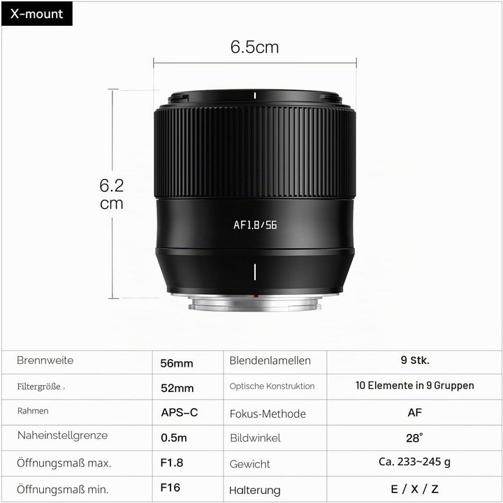 TTARTISAN AF 56 mm F1.8 für Fuji X-Mount Objektiv, APS-C 56 mm f/1.8 Autofokus Prime STM Objektive (