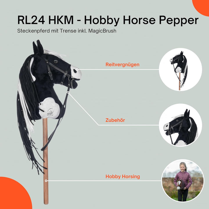 RL24 HKM - Hobby Horse Pepper inkl MagicBrush | Steckenpferd mit Trense | Spielpferd aus Plüsch mit