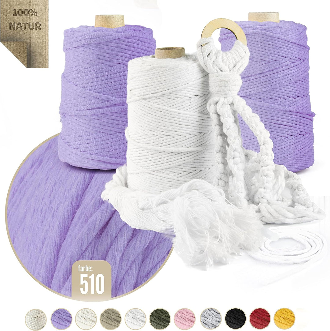 Seiletech.de Premium MAKRAMEE GARN | 900m | 5mm | Hellviolett | 100% Baumwolle | Kordel Natur | Baum