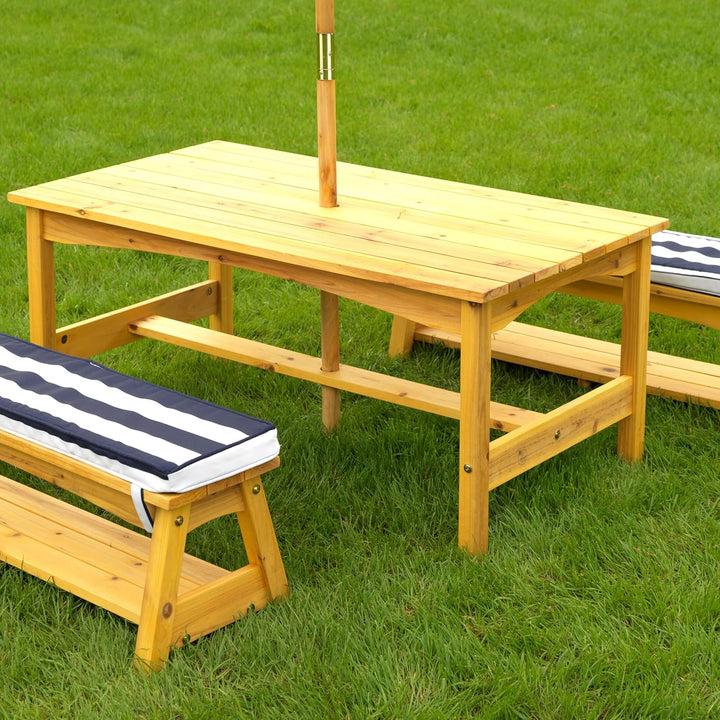 KidKraft Gartentisch mit Bank, Kissen und Sonnenschirm für Kinder, Outdoor Gartenmöbel aus Holz für