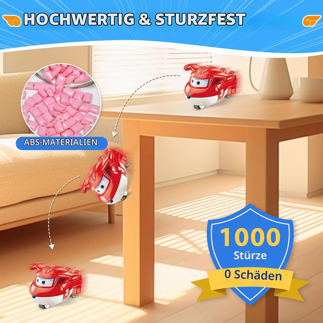 Super Wings 2 inch Verwandlungsspielzeug 4er Pack, Jett, Curie, Runi und Sara, Flugzeug Spielzeug Fa