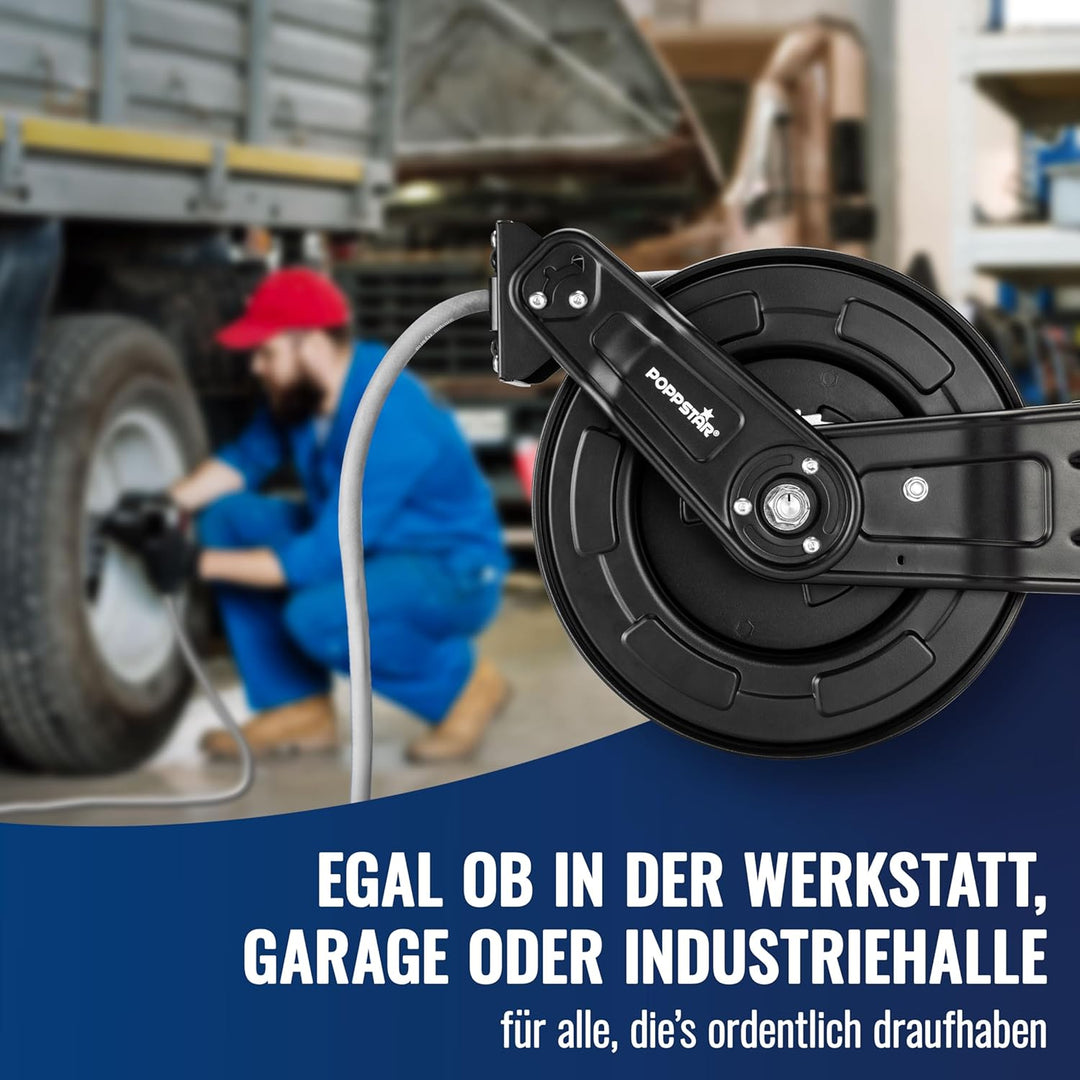Poppstar Druckluftschlauchtrommel aus Stahl (20m+2m, Durchmesser (9,2x15mm)), Anschlüsse 1/4 Zoll BS