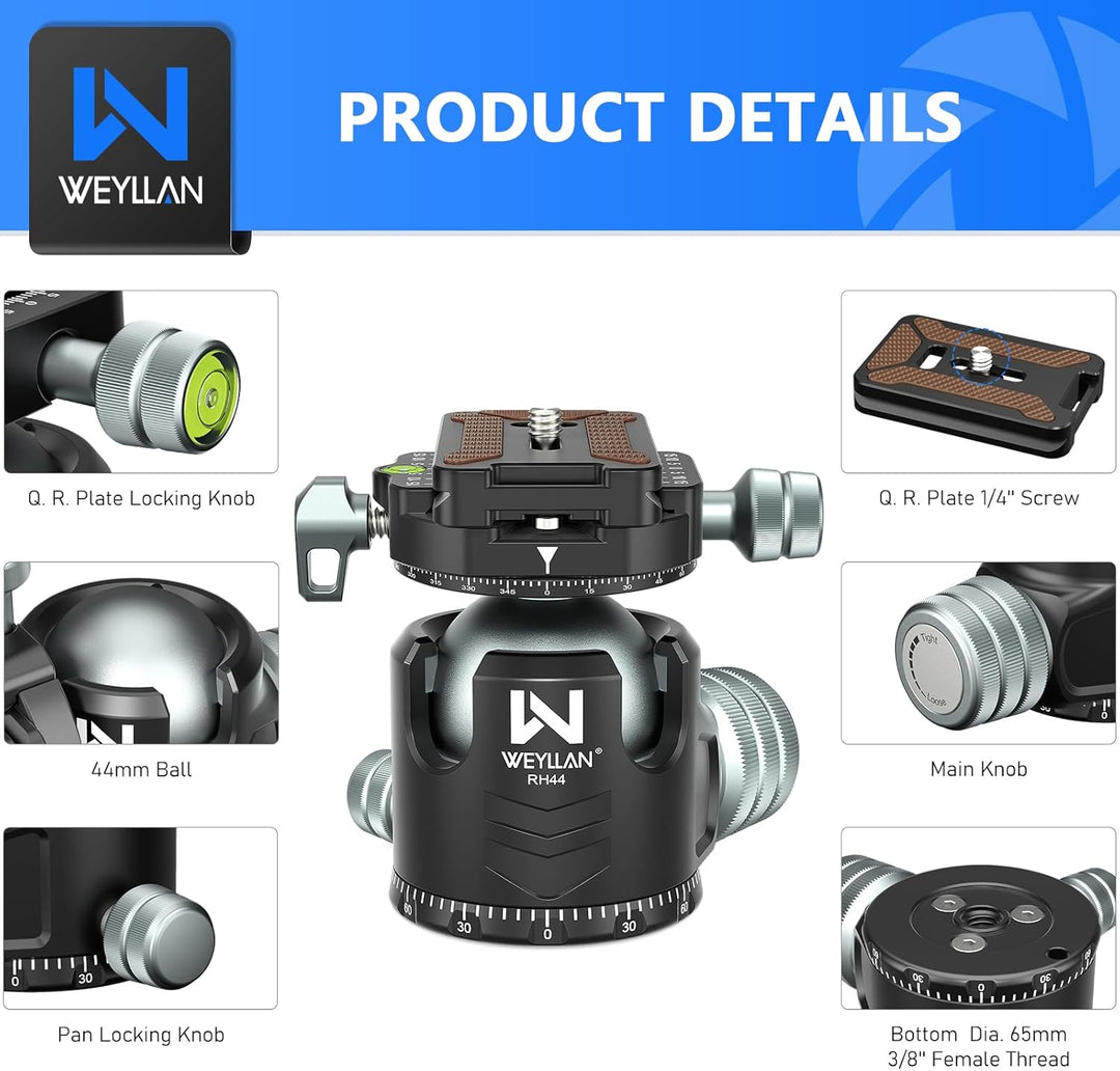 WEYLLAN Doppelter Panorama Low Profile Kugelkopf für 360 °drehbar,Stativkopf mit Schnellwechselplatt