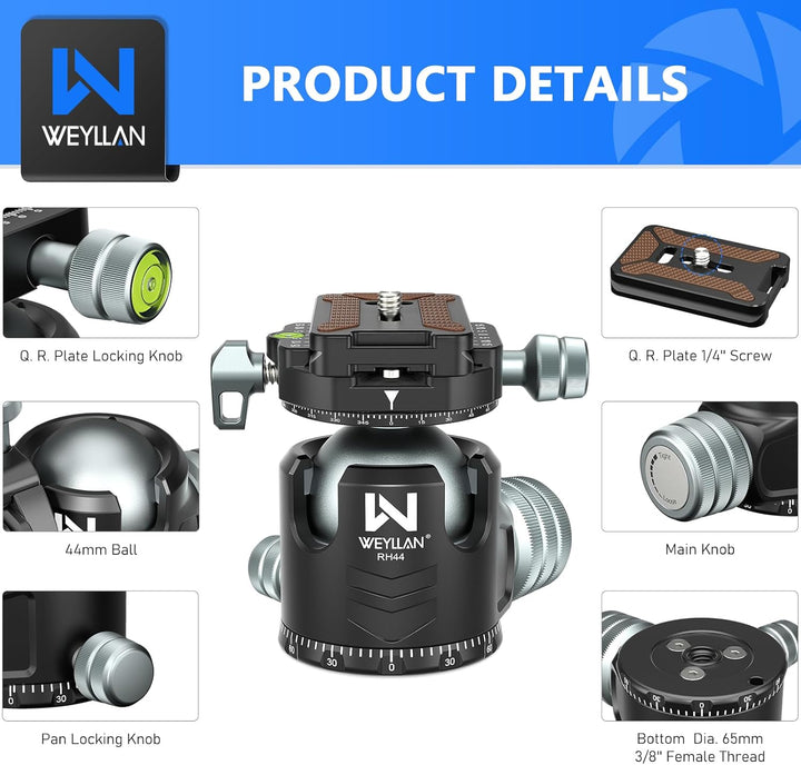 WEYLLAN Doppelter Panorama Low Profile Kugelkopf für 360 °drehbar,Stativkopf mit Schnellwechselplatt