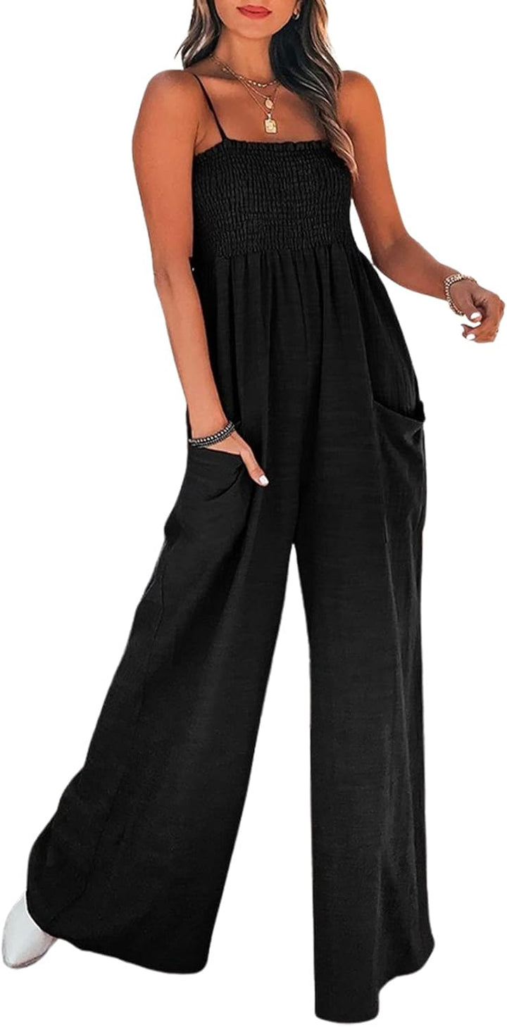 CUPSHE Damen Jumpsuit Square Neck Ärmellos Weites bein Sommer Lang Overall Romper Gesmokter Spaghett