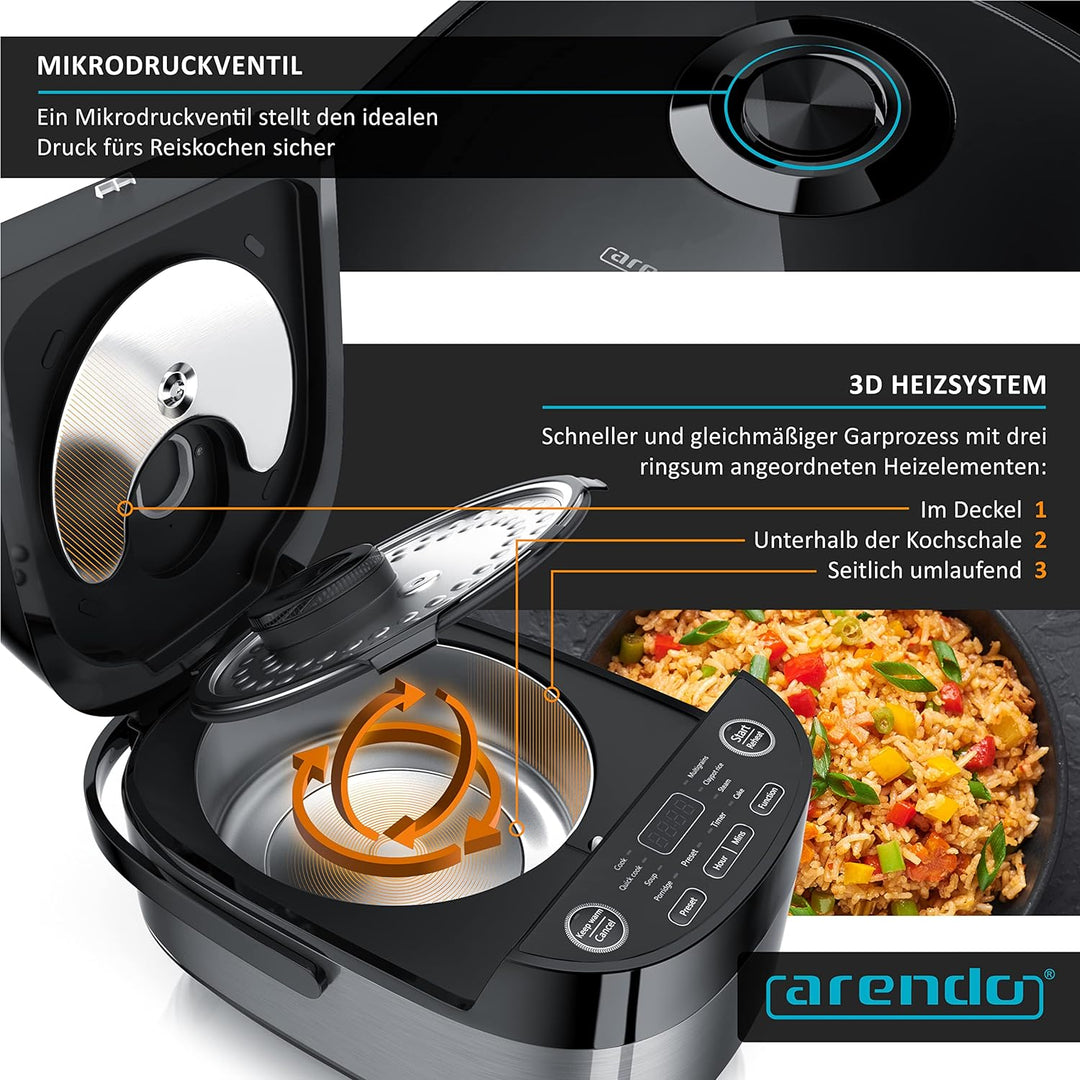 Arendo - Reiskocher Multikocher digital und Dampfgarer 4L – 3D Heizsystem – 8 Programme – Warmhaltef