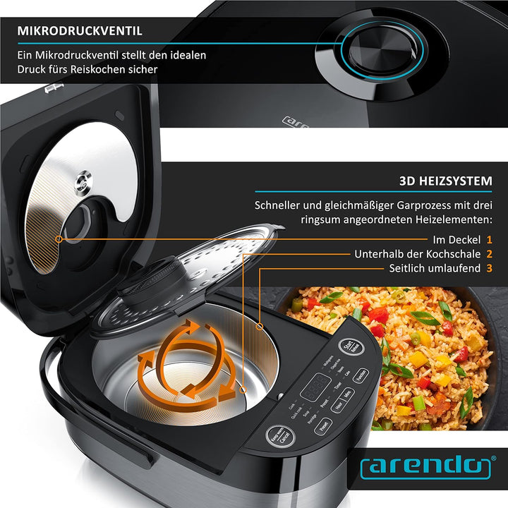 Arendo - Reiskocher Multikocher digital und Dampfgarer 4L – 3D Heizsystem – 8 Programme – Warmhaltef