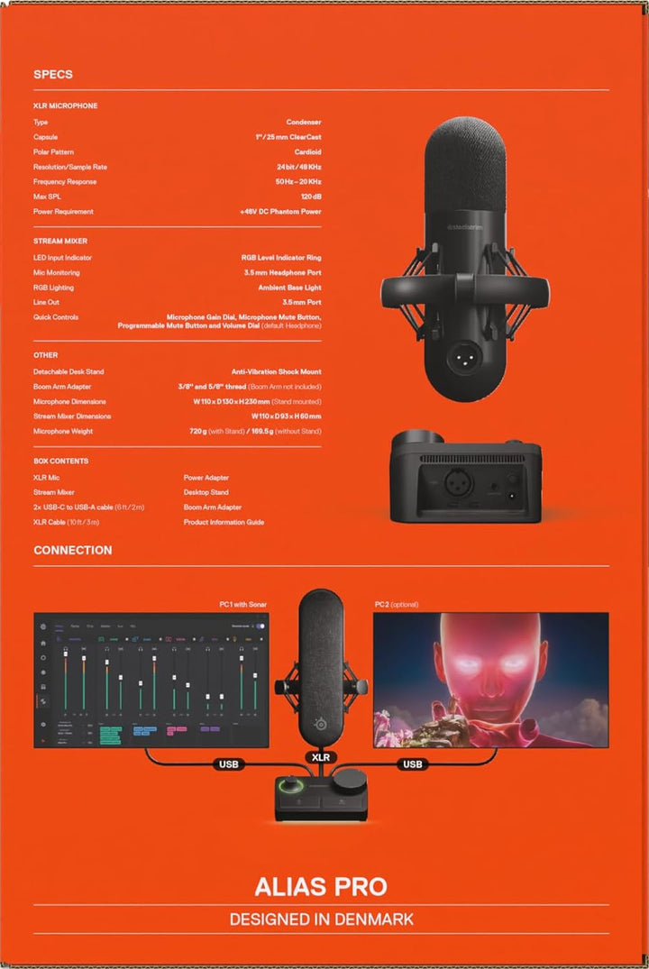 SteelSeries Alias Pro Kit – XLR-Mikrofon + Stream-Mixer – 3 Mal grössere Kapsel fürs Gaming, Streami